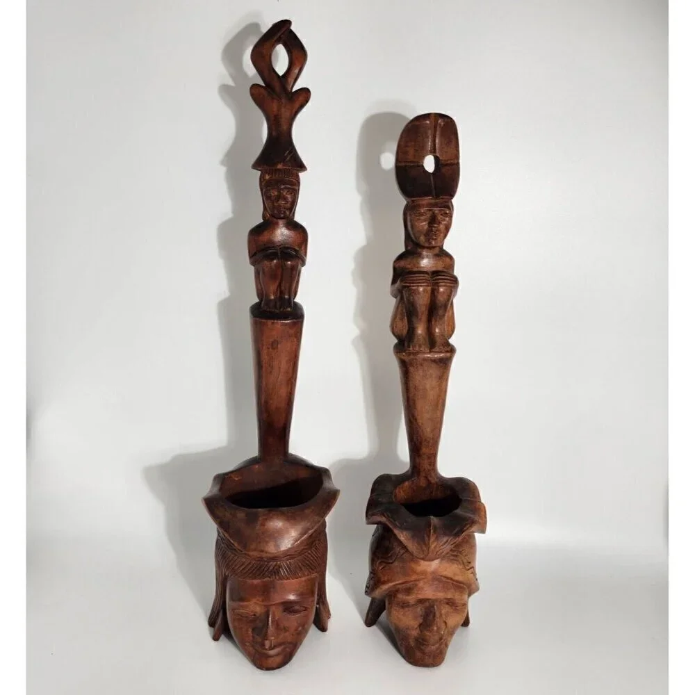 Polynesian Wood Carved Water Dipper Ladle 1960s Tribal Totem Africa Vintage 2Pcs
